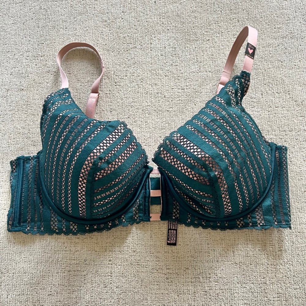 Victorias Secret 36D Lightly Lined Plunge Bra Emerald Green Pink Lace Underwire